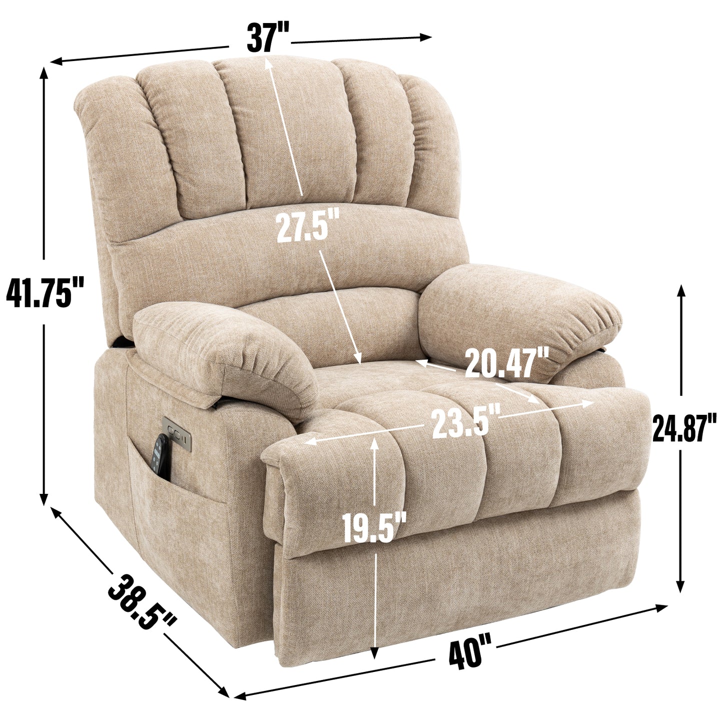 Beige upholstered power recliner chair with plush padding
