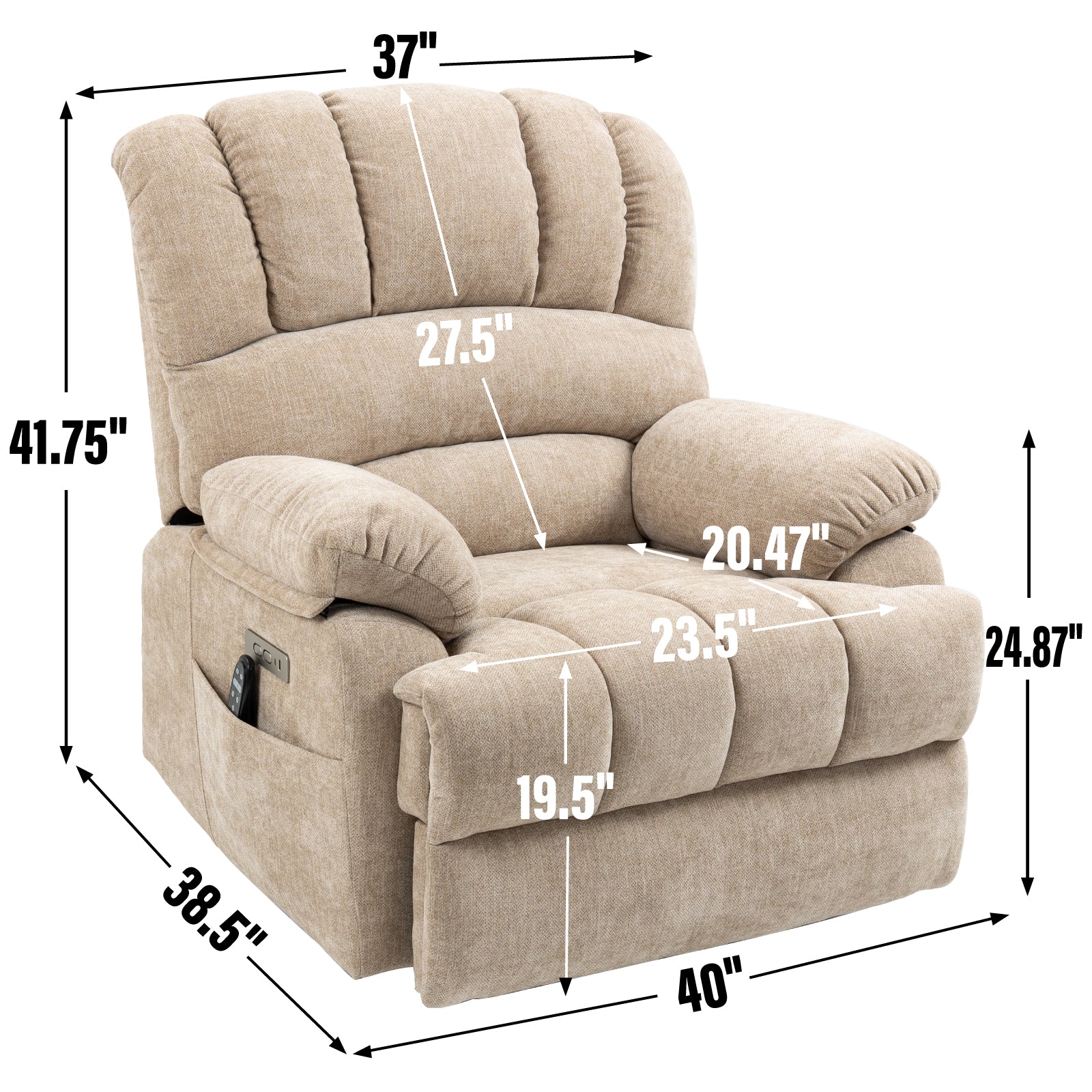 Beige upholstered power recliner chair with plush padding