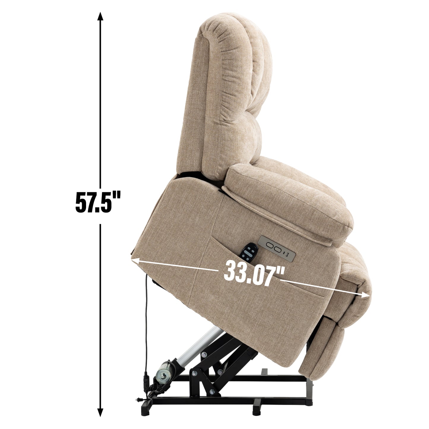 Tan fabric lift chair with remote control
