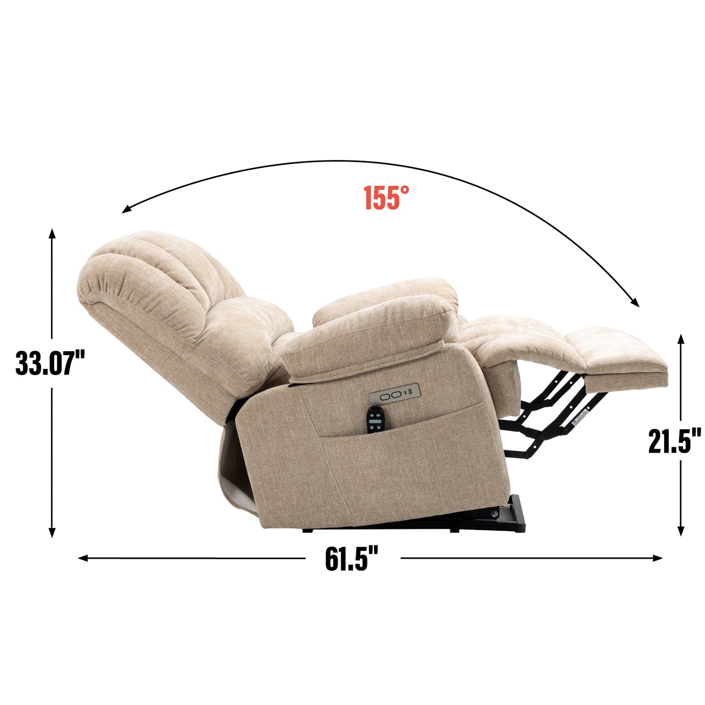 Beige fabric power recliner chair shown in a reclined position