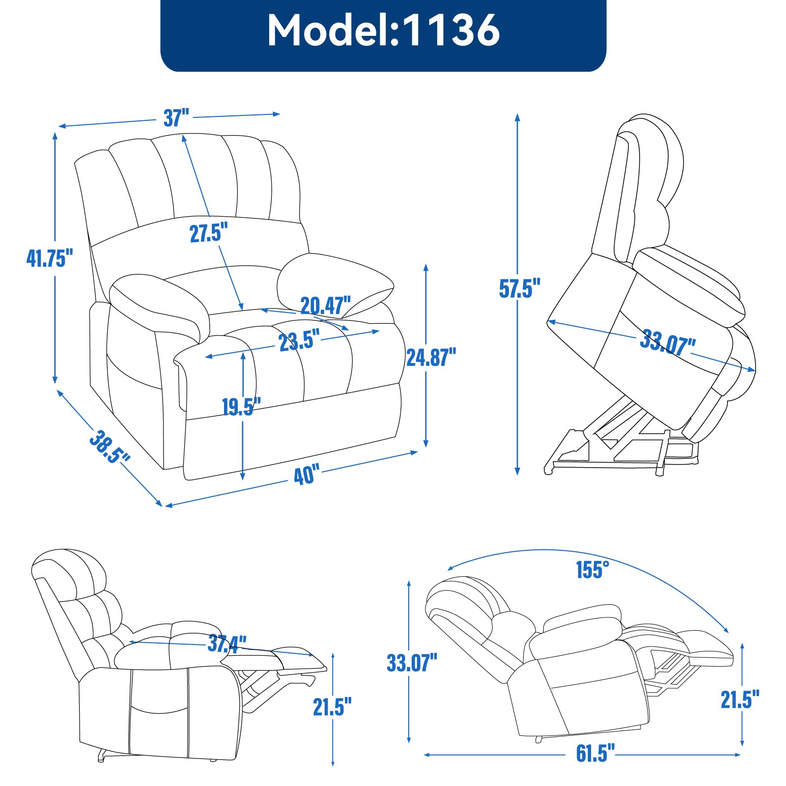 Line drawing of a recliner chair with dimensions  H x  W