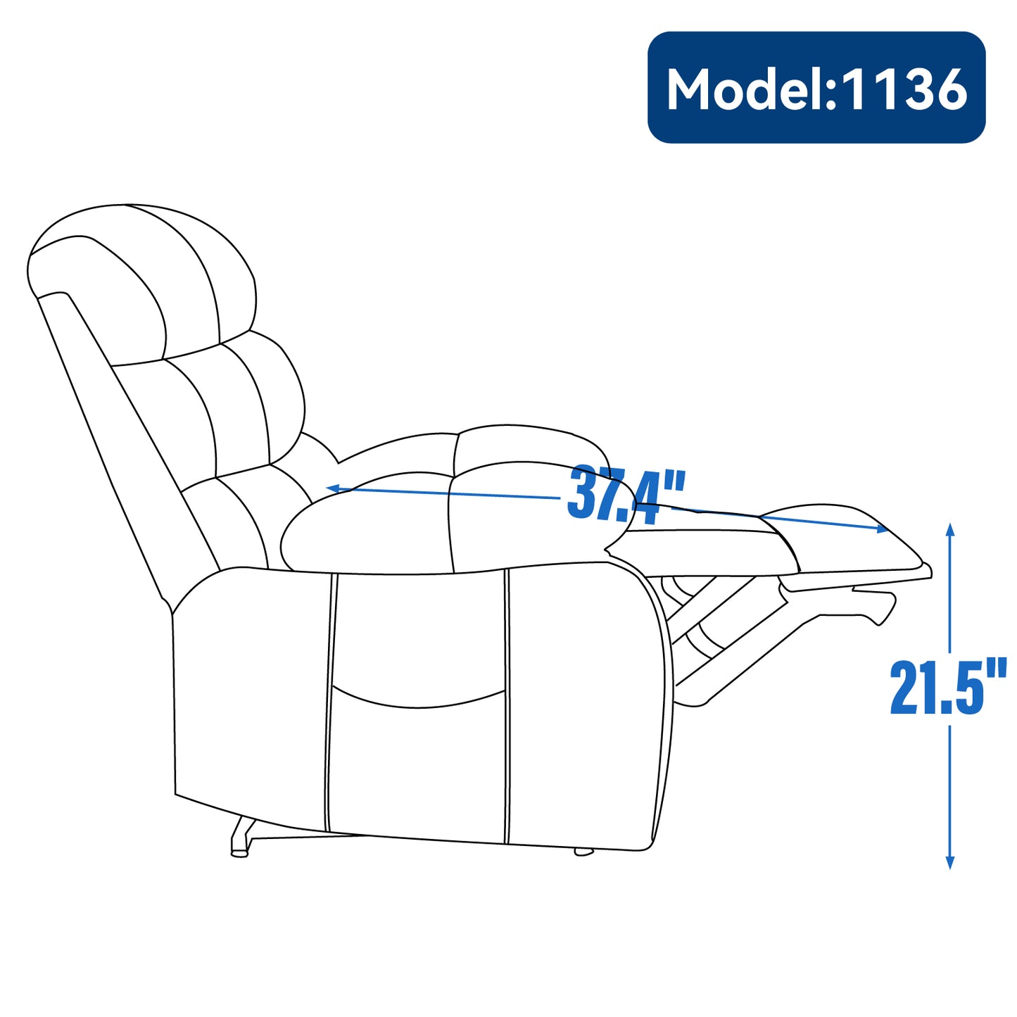 Line drawing of a recliner chair with dimensions marked