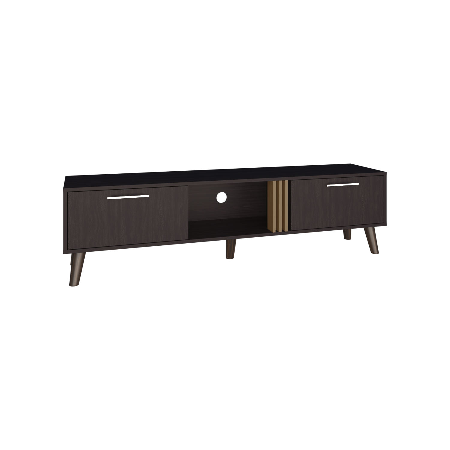 Dark wood media console with gold accent slats and tapered legs