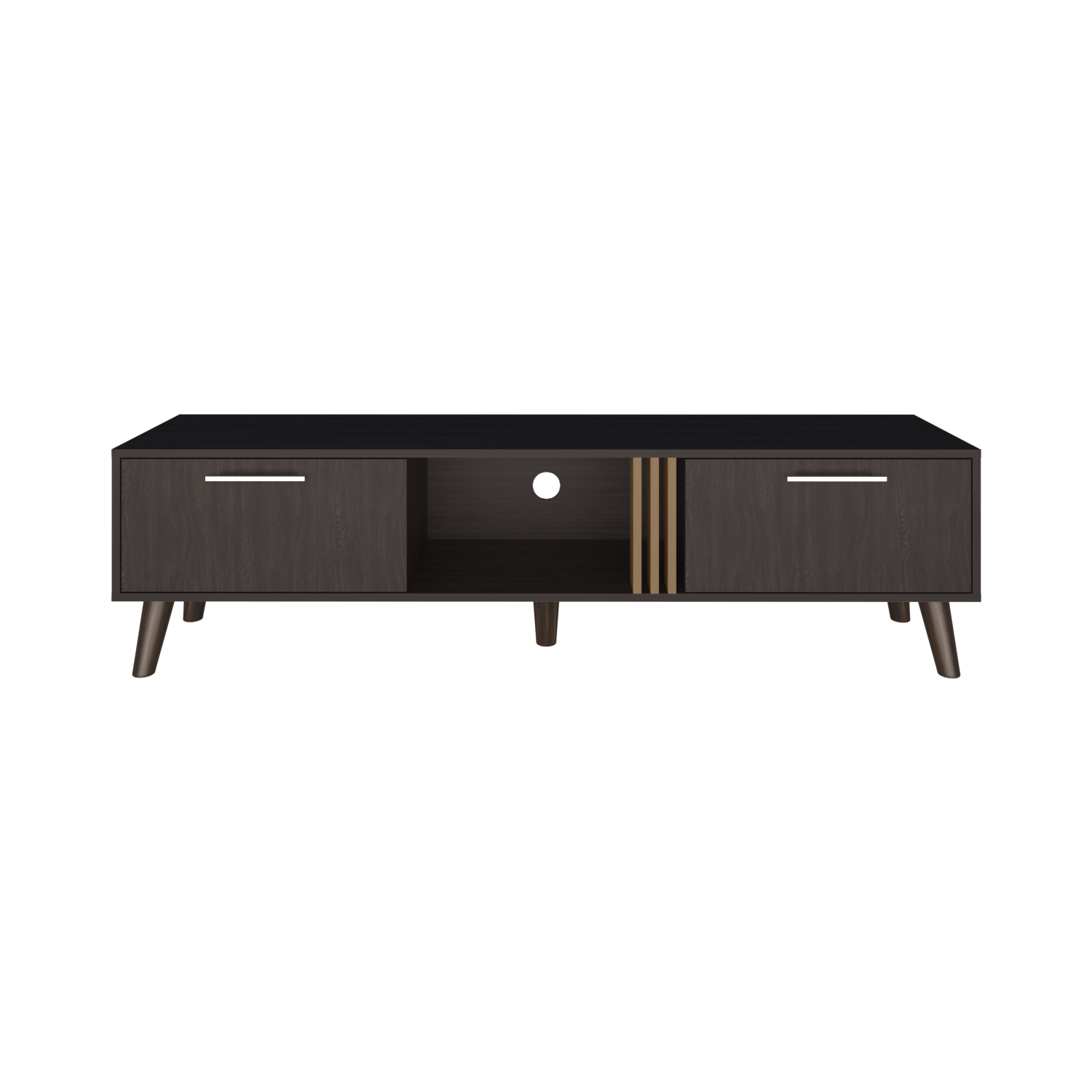 Dark wood media console with slatted detail and angled legs