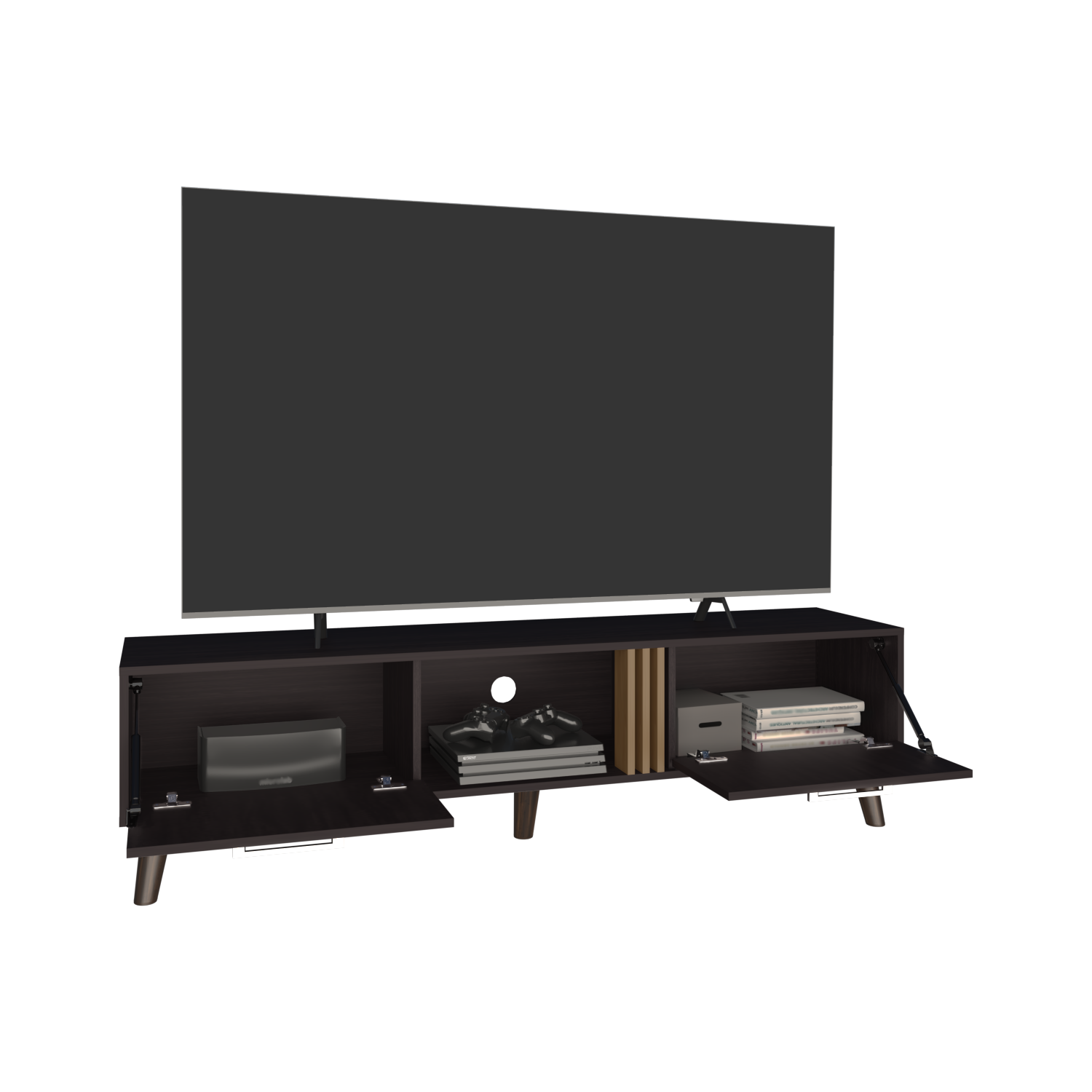 Dark wood media console with open doors showcasing game consoles and books