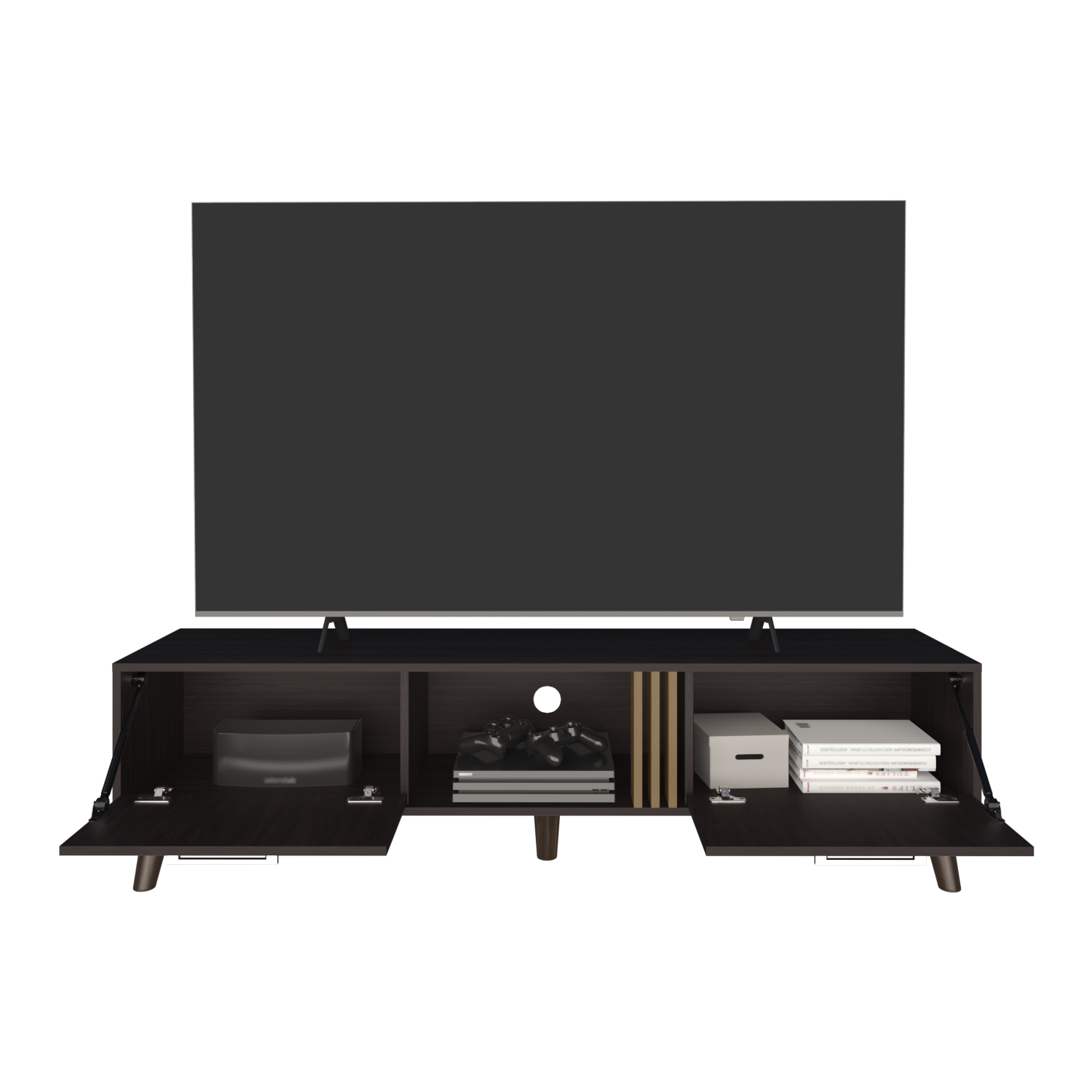 Dark wood entertainment center with open compartments holding game consoles and books