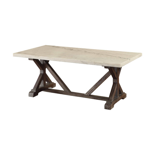 Marble top dining table with dark wood trestle base