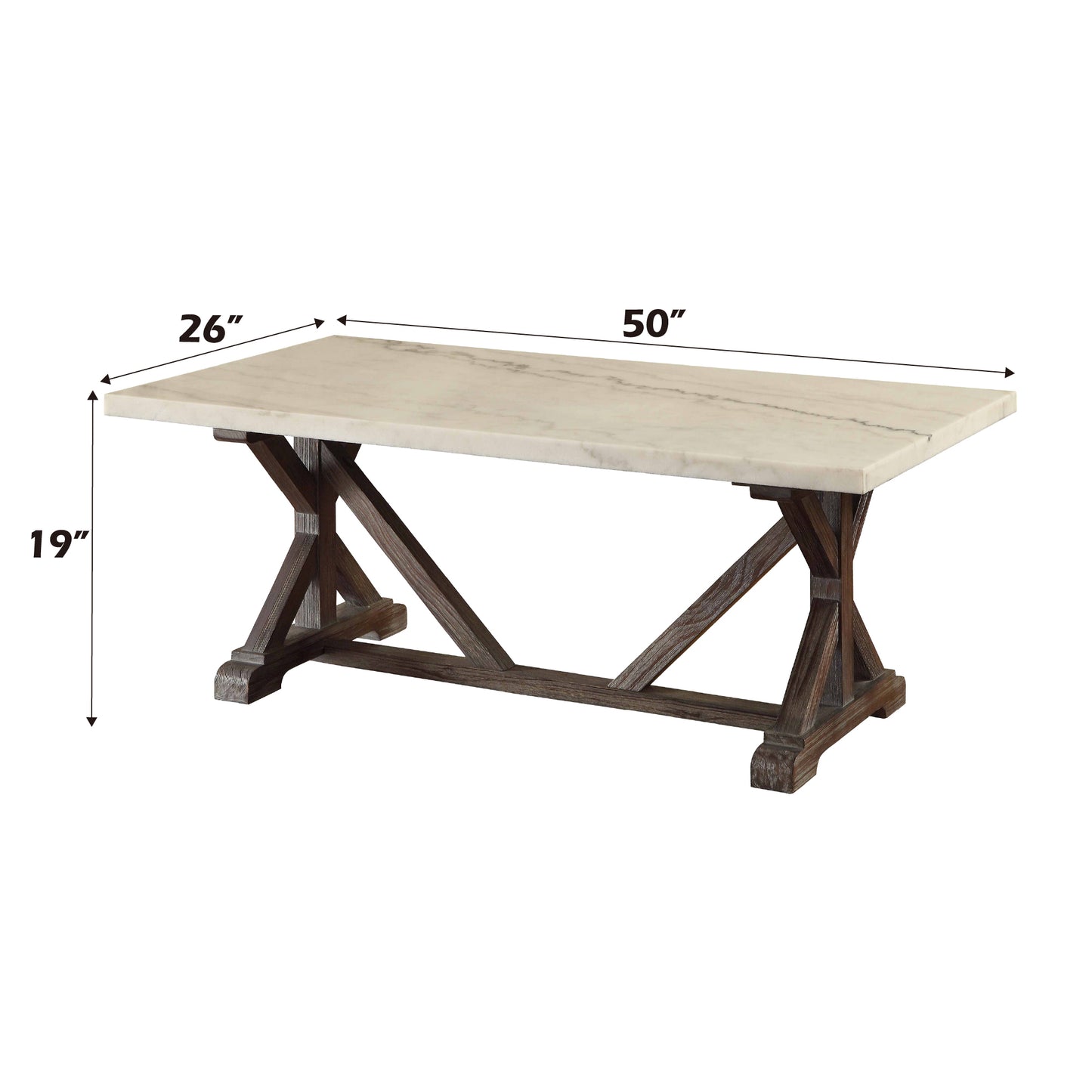 Rectangular marble top coffee table with dark wood trestle base