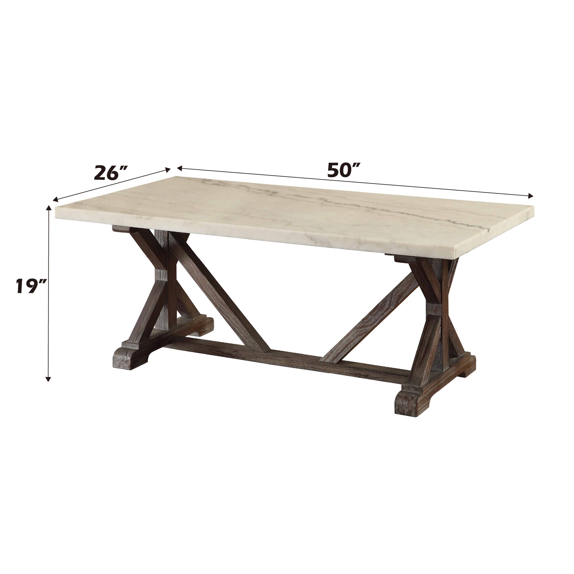 Rectangular marble top coffee table with dark wood trestle base