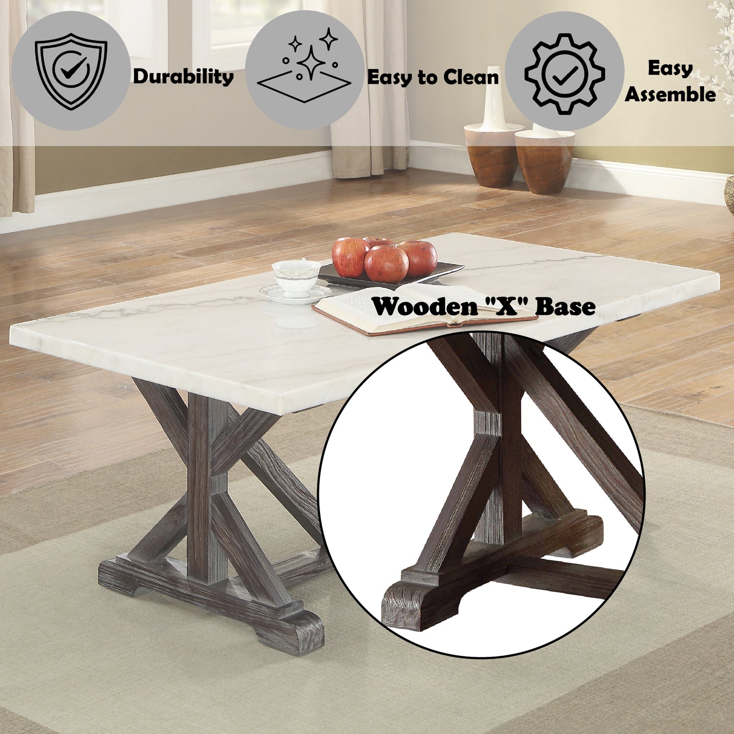 Marble top coffee table with dark wood X base