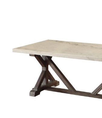 Marble top dining table with dark wood trestle base