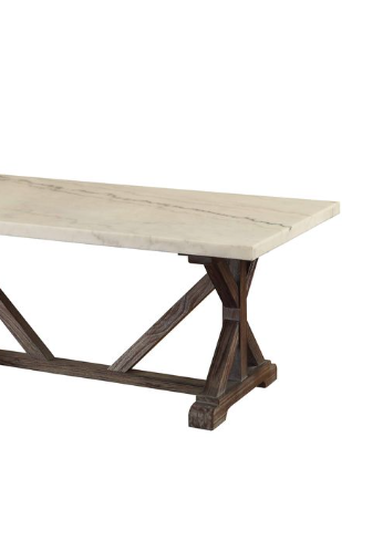 Marbletopped dining table with rustic wood trestle base