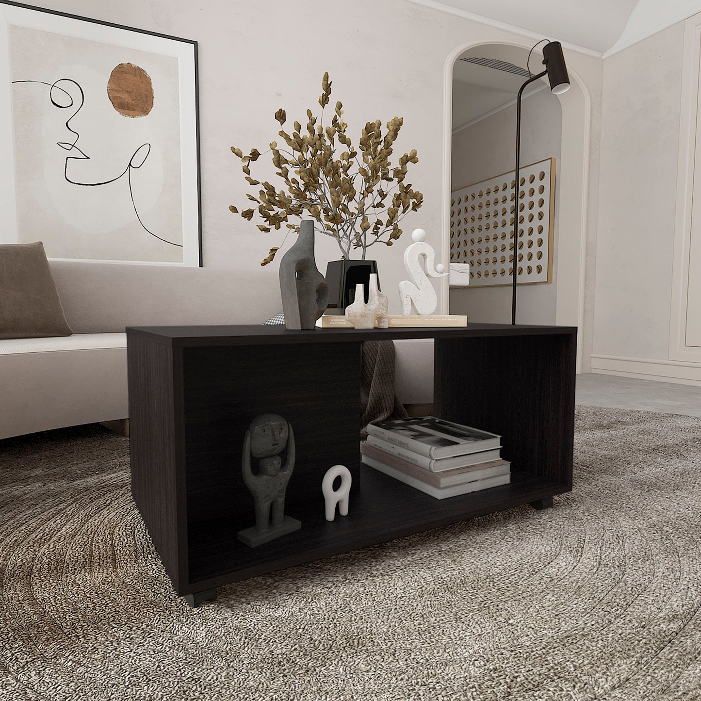 Dark wood modern coffee table with open shelving