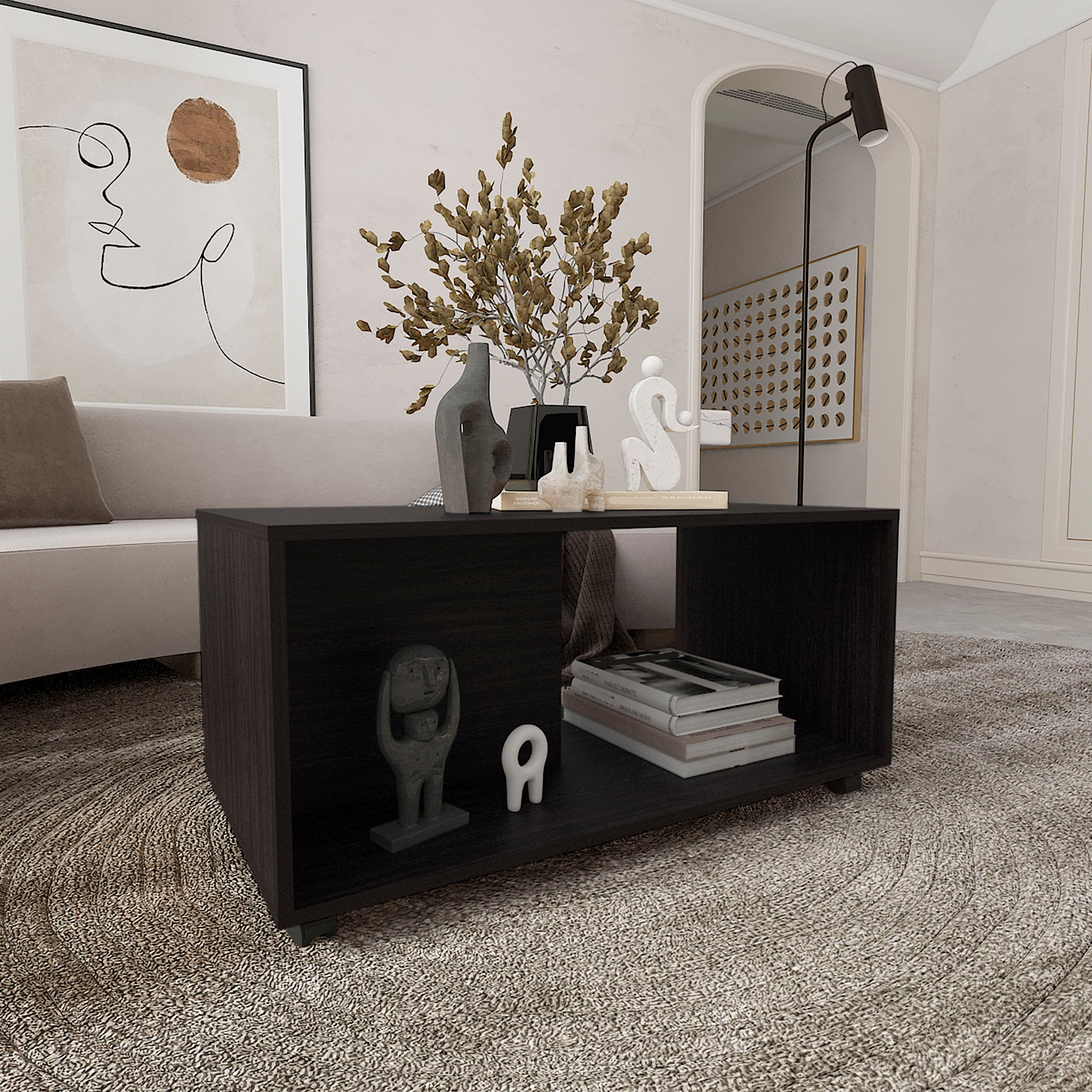 Dark wood modern coffee table with open shelving