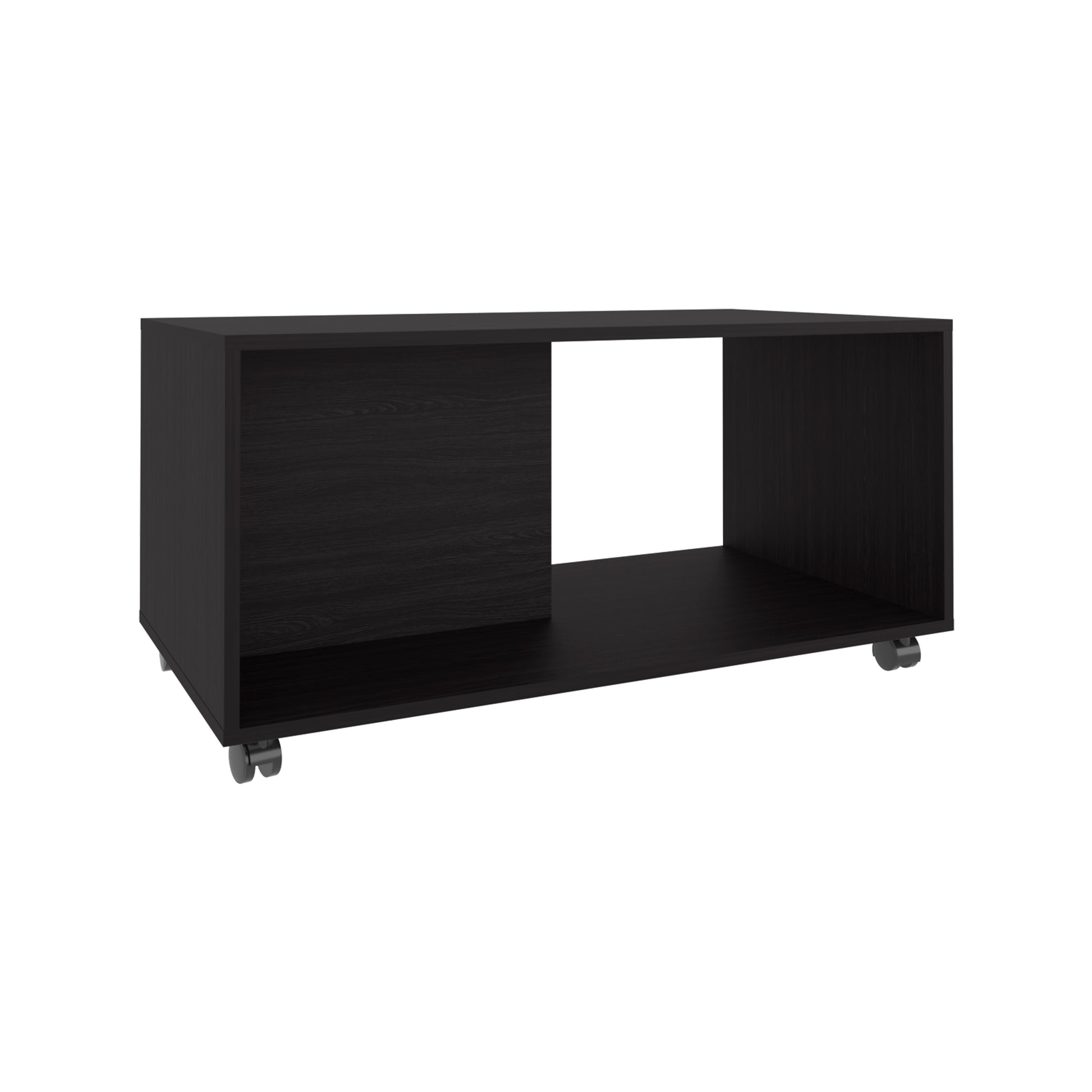 Black wheeled media console with open shelving