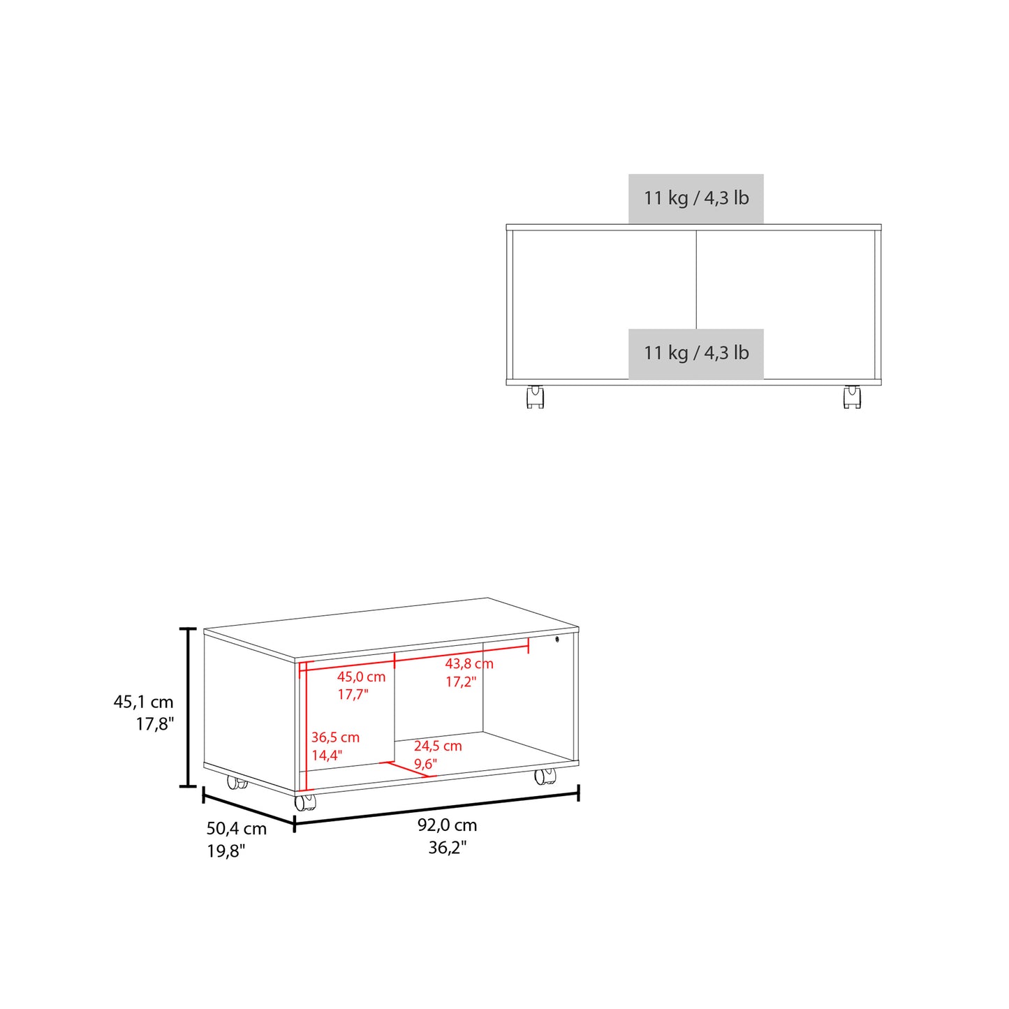 Blueprint diagram showing dimensions of a rolling media console