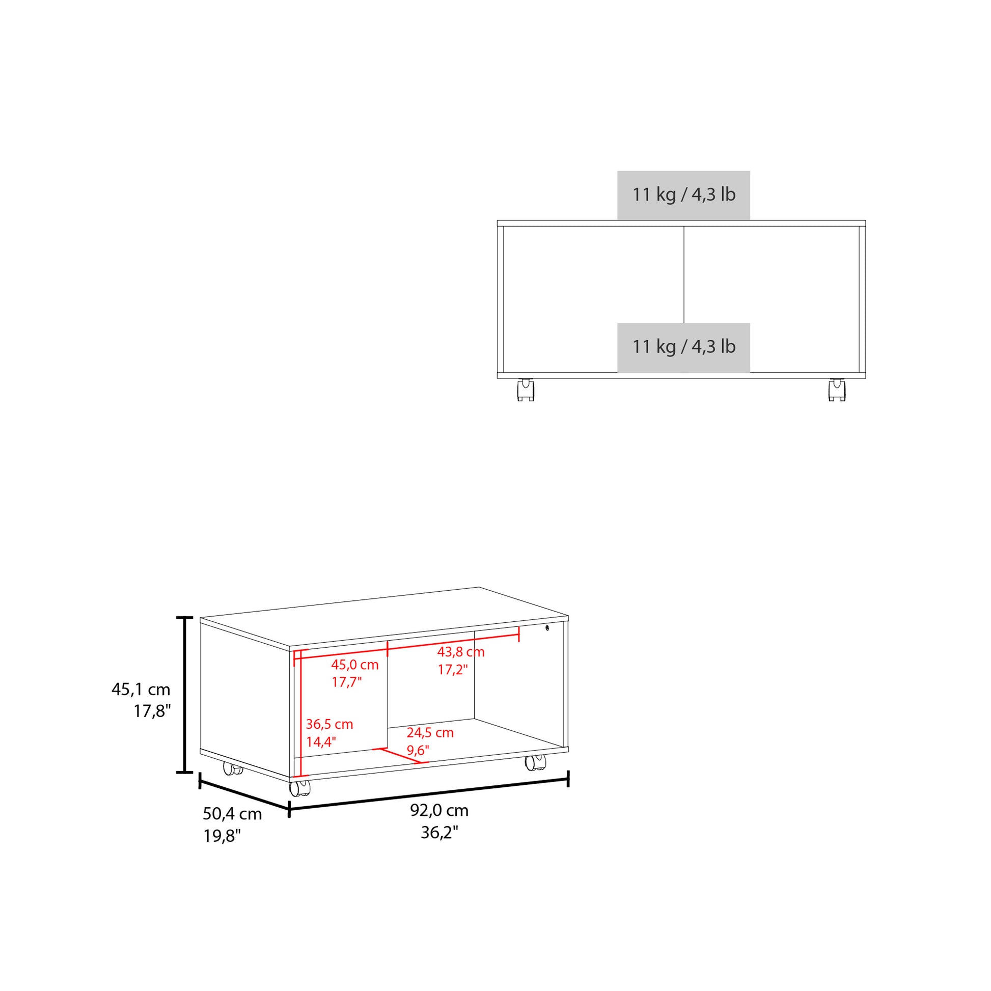 Blueprint diagram showing dimensions of a rolling media console