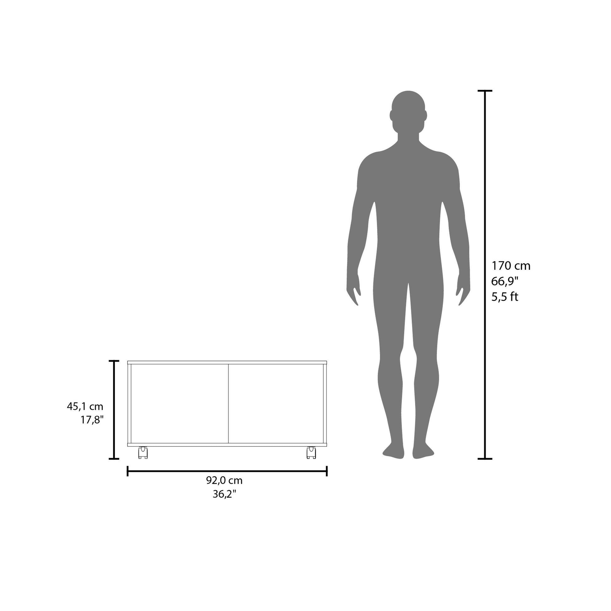 Minimalist white media console showing dimensions relative to a human silhouette