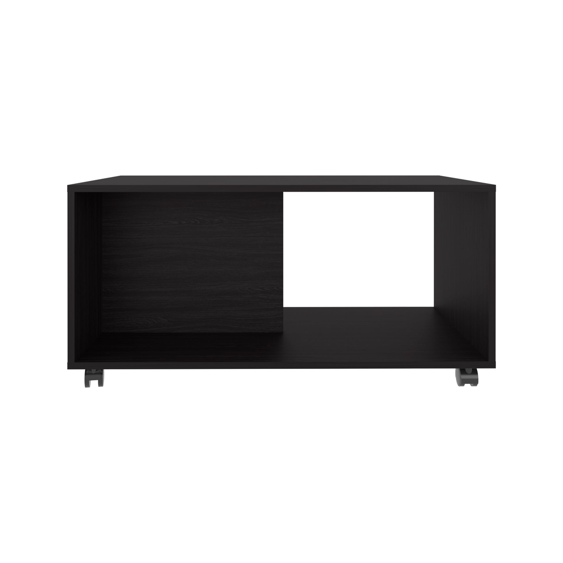 Black rolling storage cube with open shelf and wood grain finish