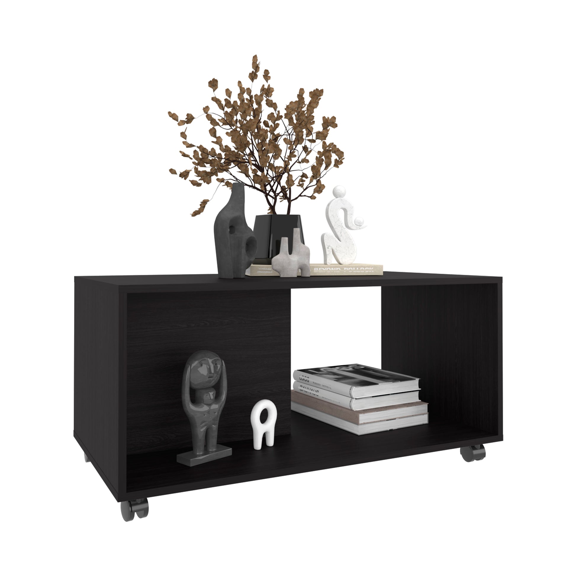 Black wood TV stand with open shelving and caster wheels