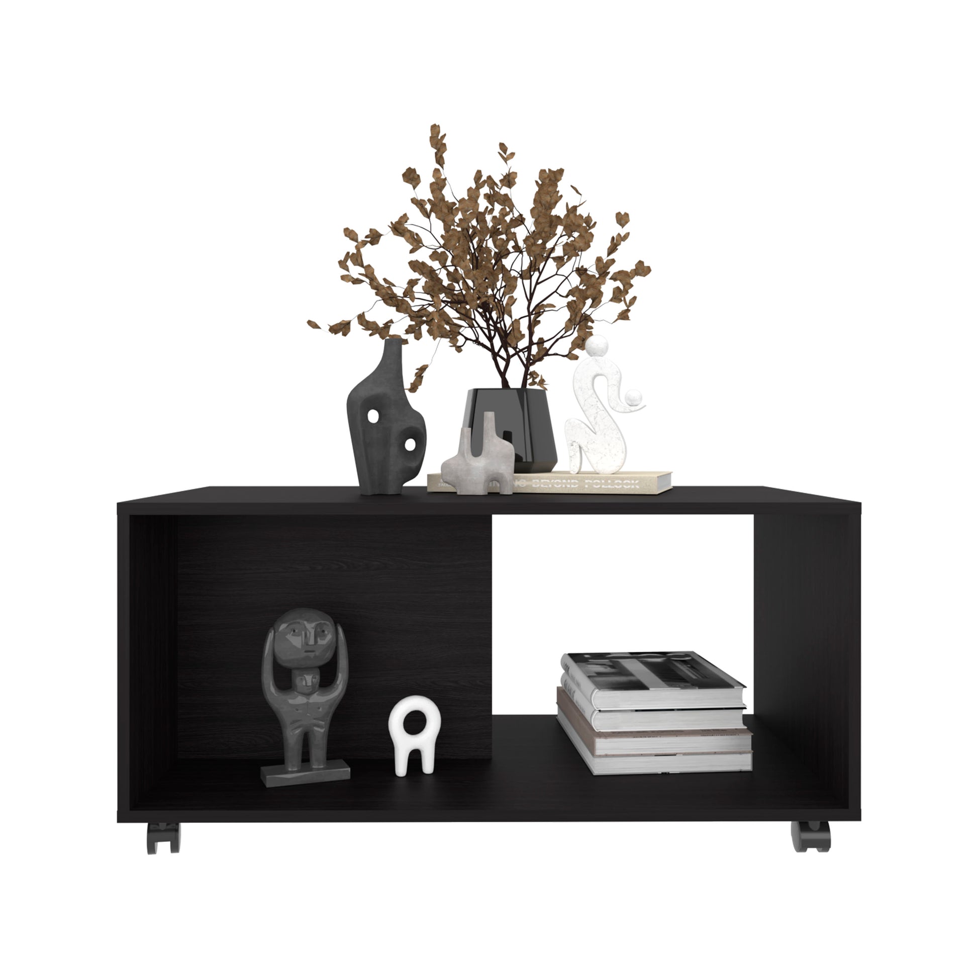 Black wood console table with modern sculptures and a dried floral arrangement