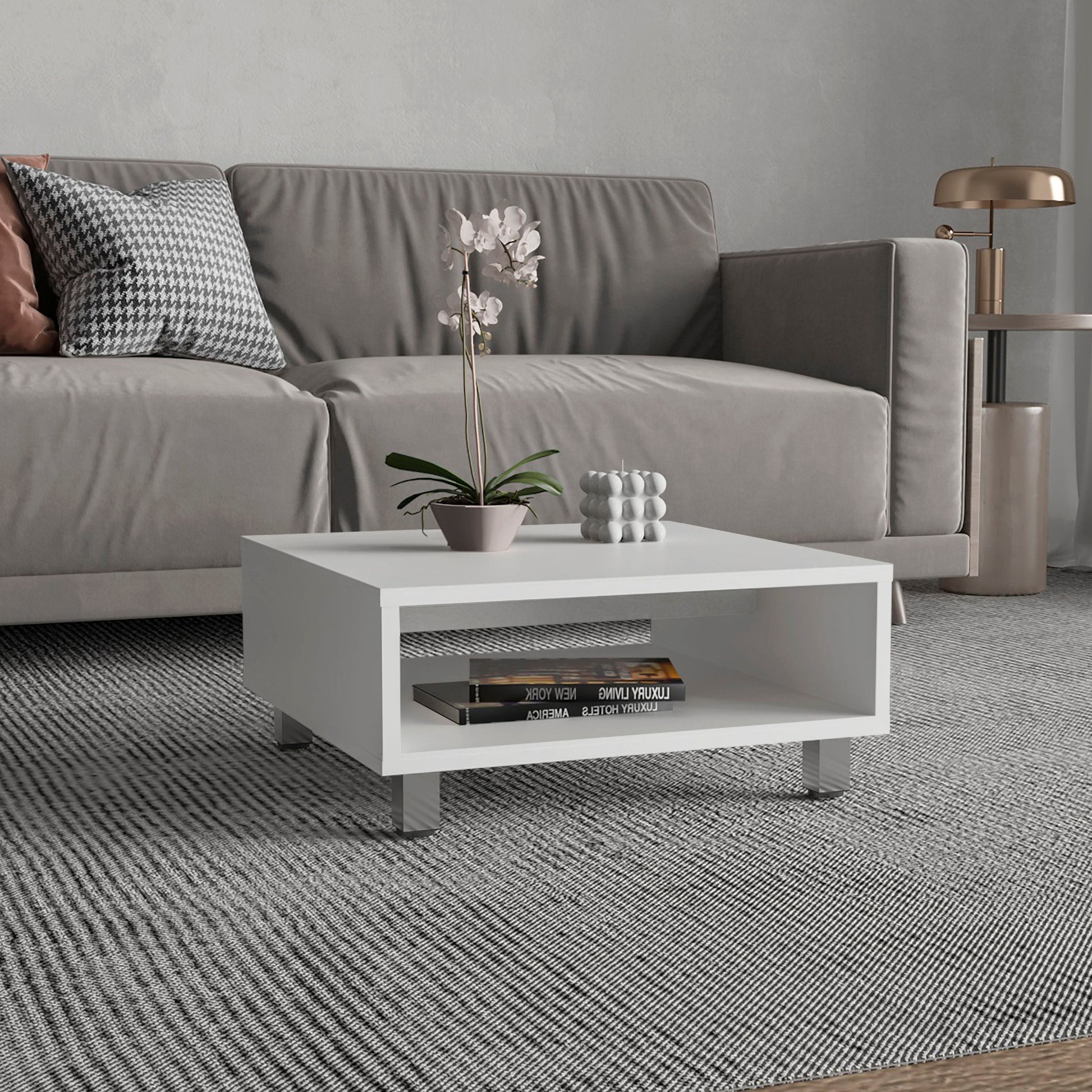 Modern white square coffee table with open storage shelf