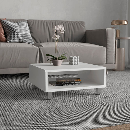 Modern white square coffee table with open storage shelf