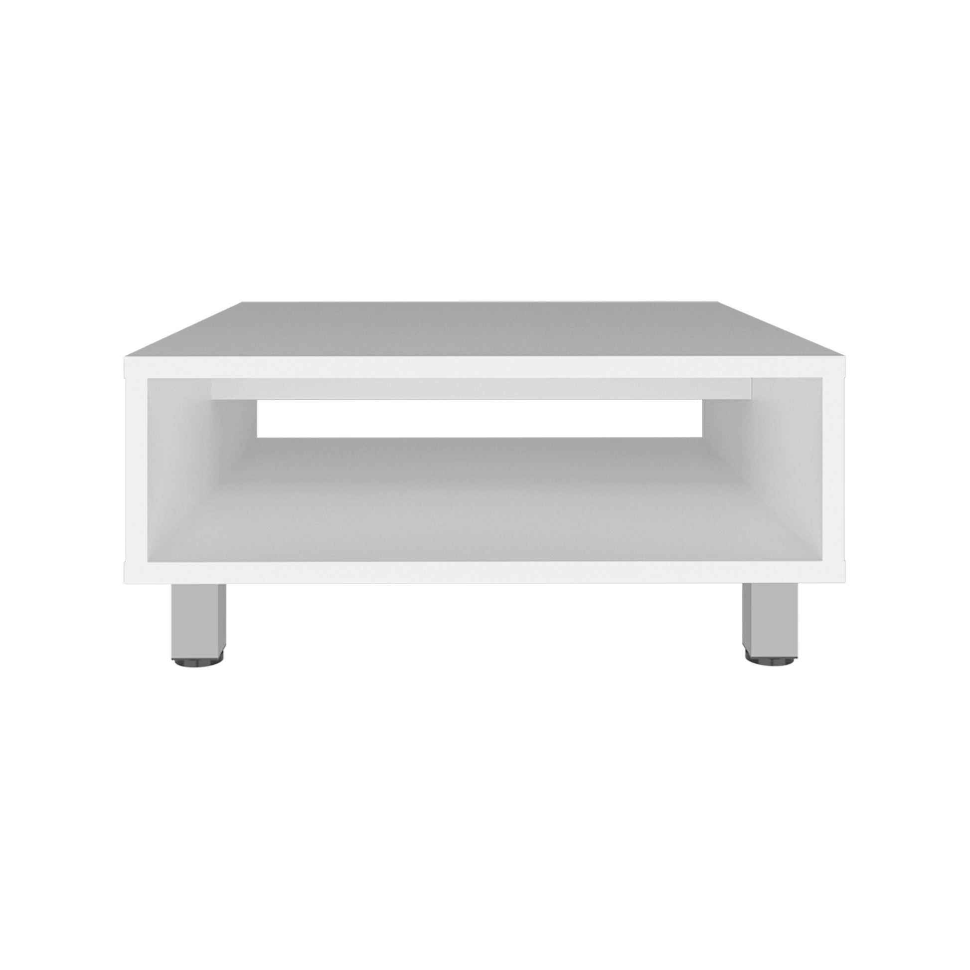 Modern white cube coffee table with open shelving and brushed nickel legs