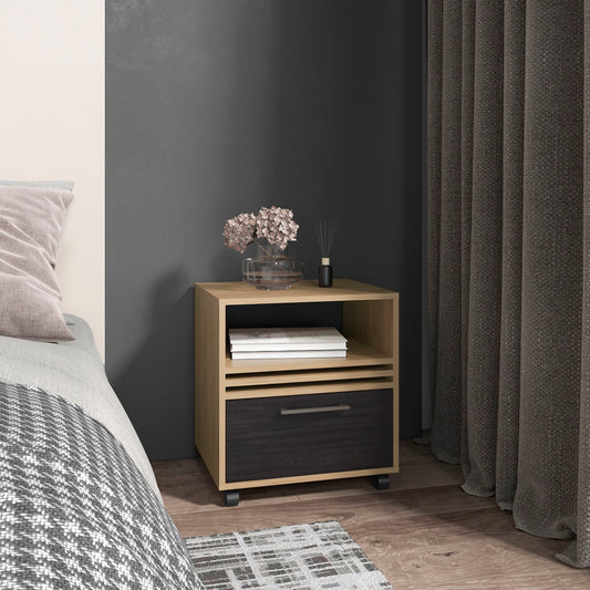 Light oak and dark grey bedside cabinet with drawer and open shelf