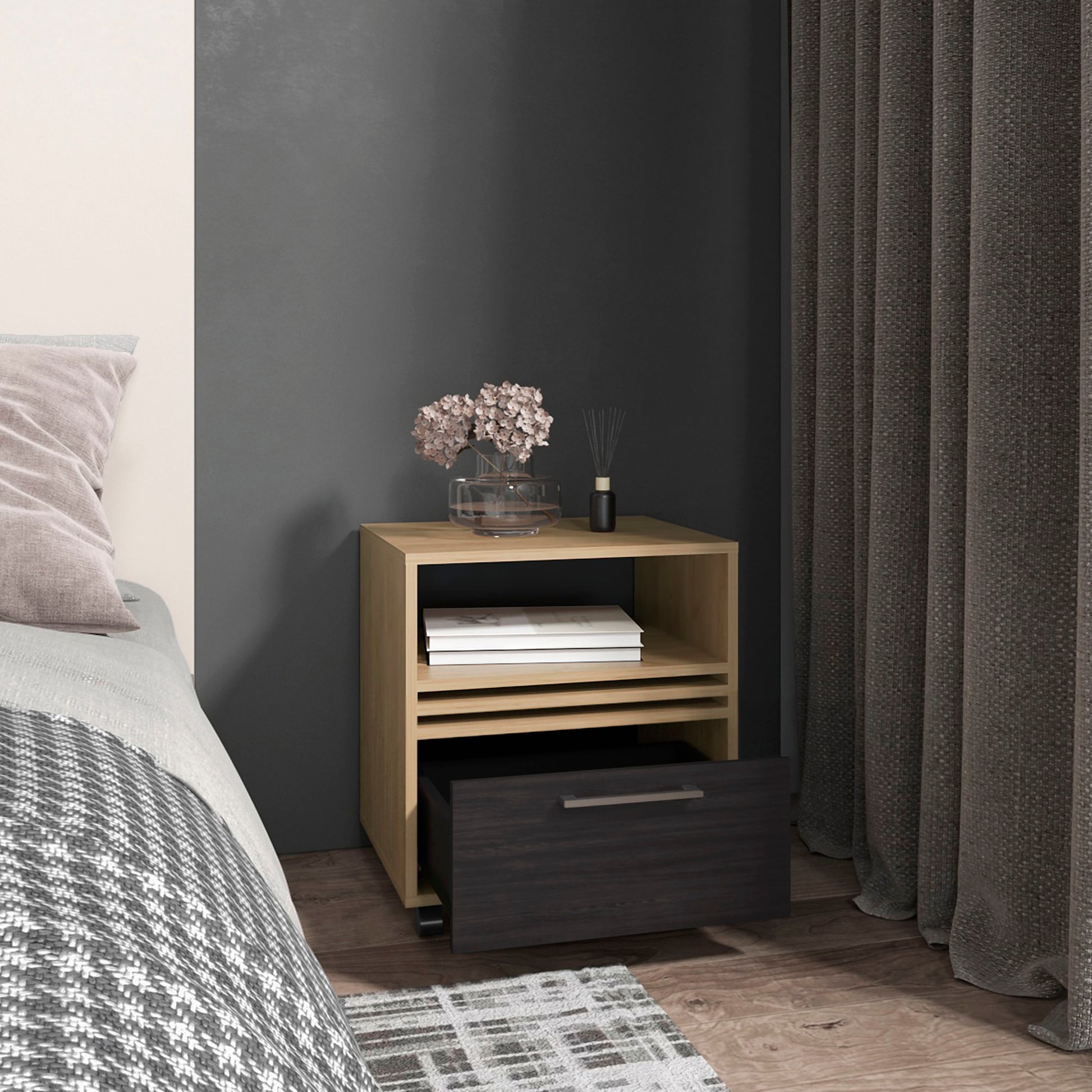 Wooden bedside table with open shelves and a dark drawer