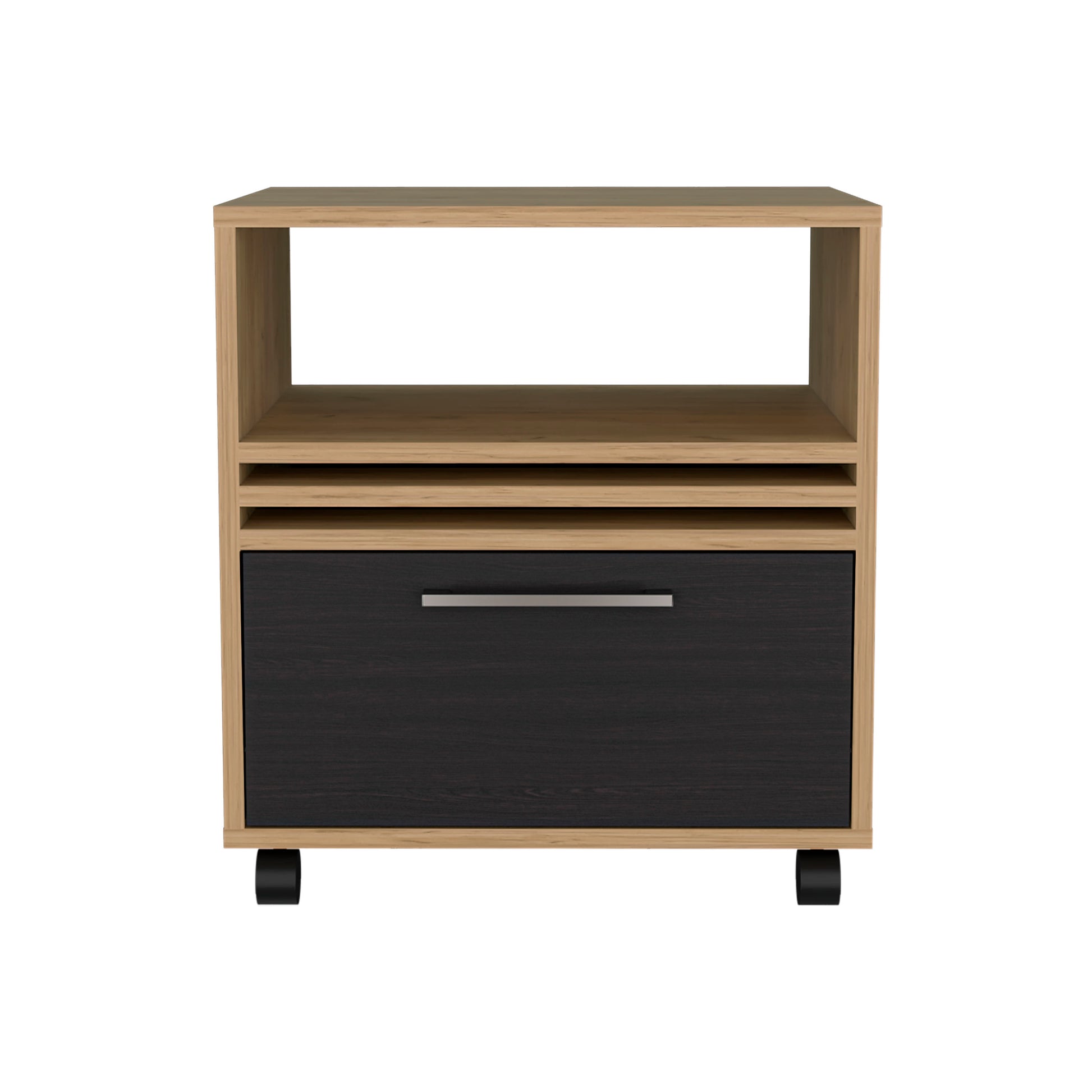 Light oak and dark wood mobile filing cabinet with one drawer and open shelving