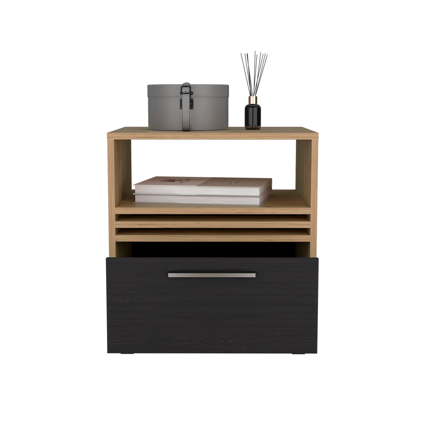 Modern side table with wood finish and black drawer