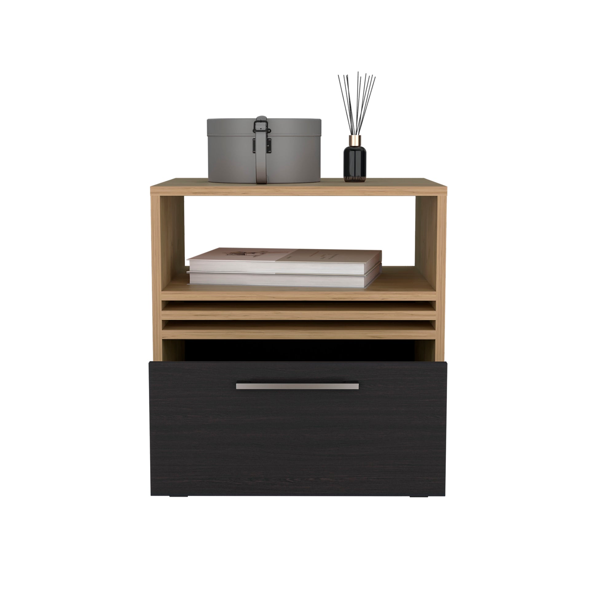 Modern side table with wood finish and black drawer