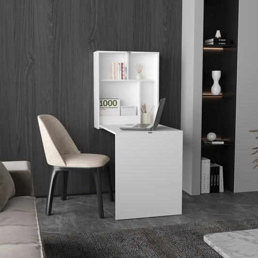 Compact white wallmounted desk with integrated shelving and a laptop
