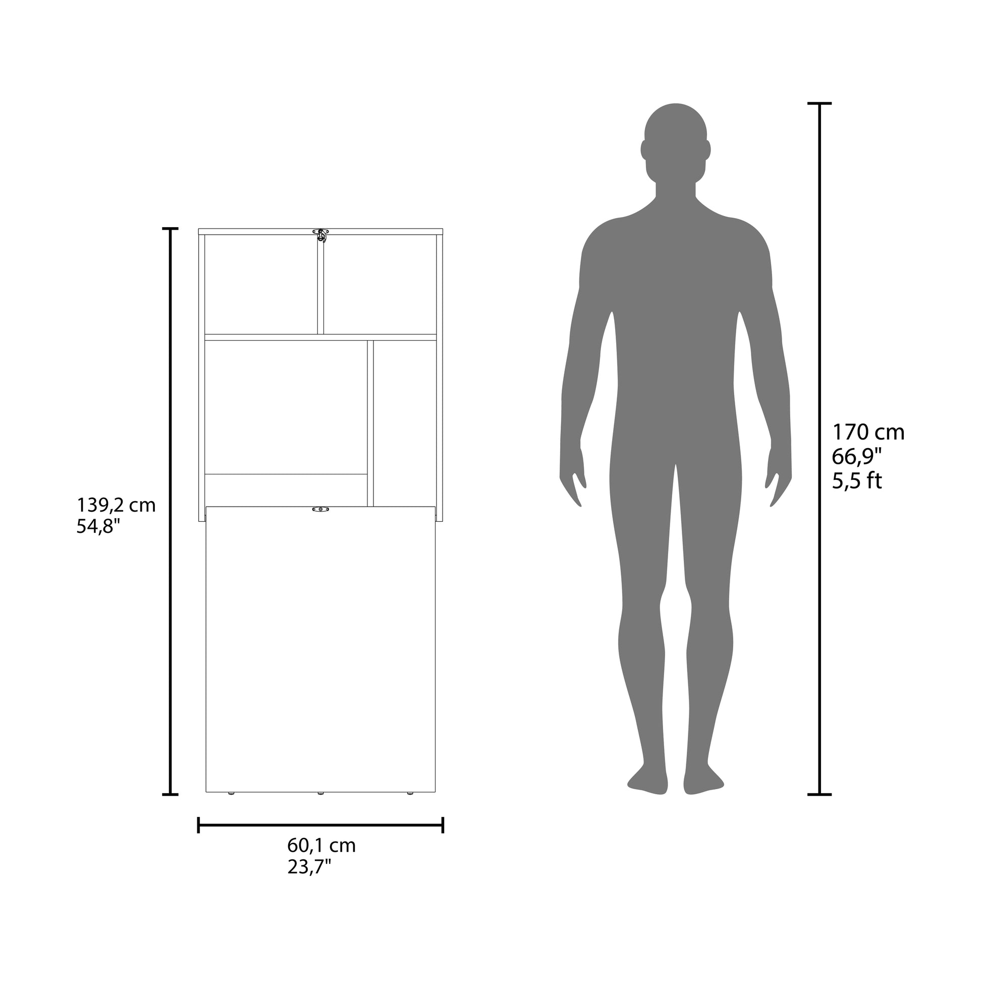 Compact folding desk with shelving unit dimensions shown next to a  person