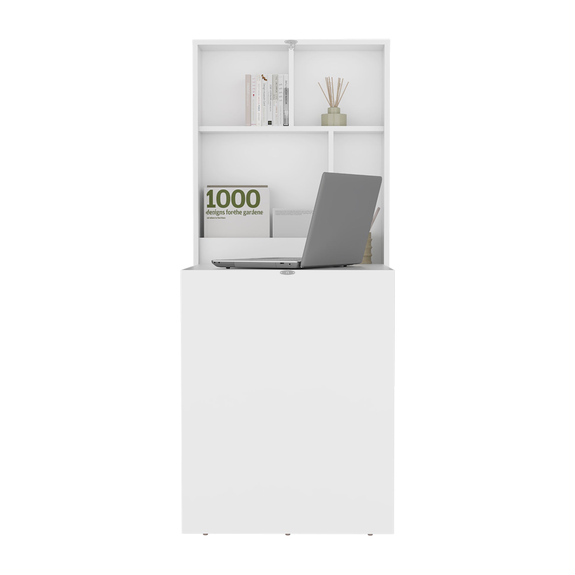 Modern white wallmounted desk with integrated bookshelf and open laptop