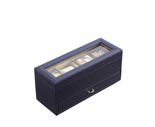 Dark blue textured watch box with glass lid and  compartments