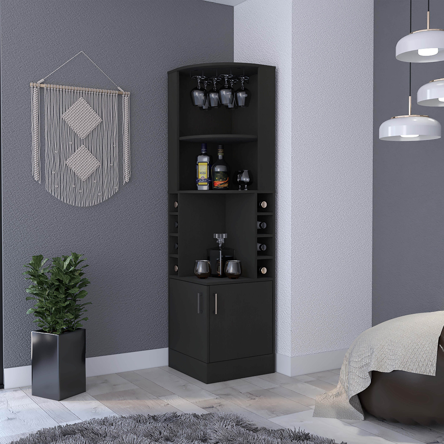 Black corner bar cabinet with wine rack and glass holder