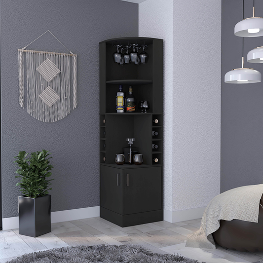 Black corner bar cabinet with wine rack and glass holder