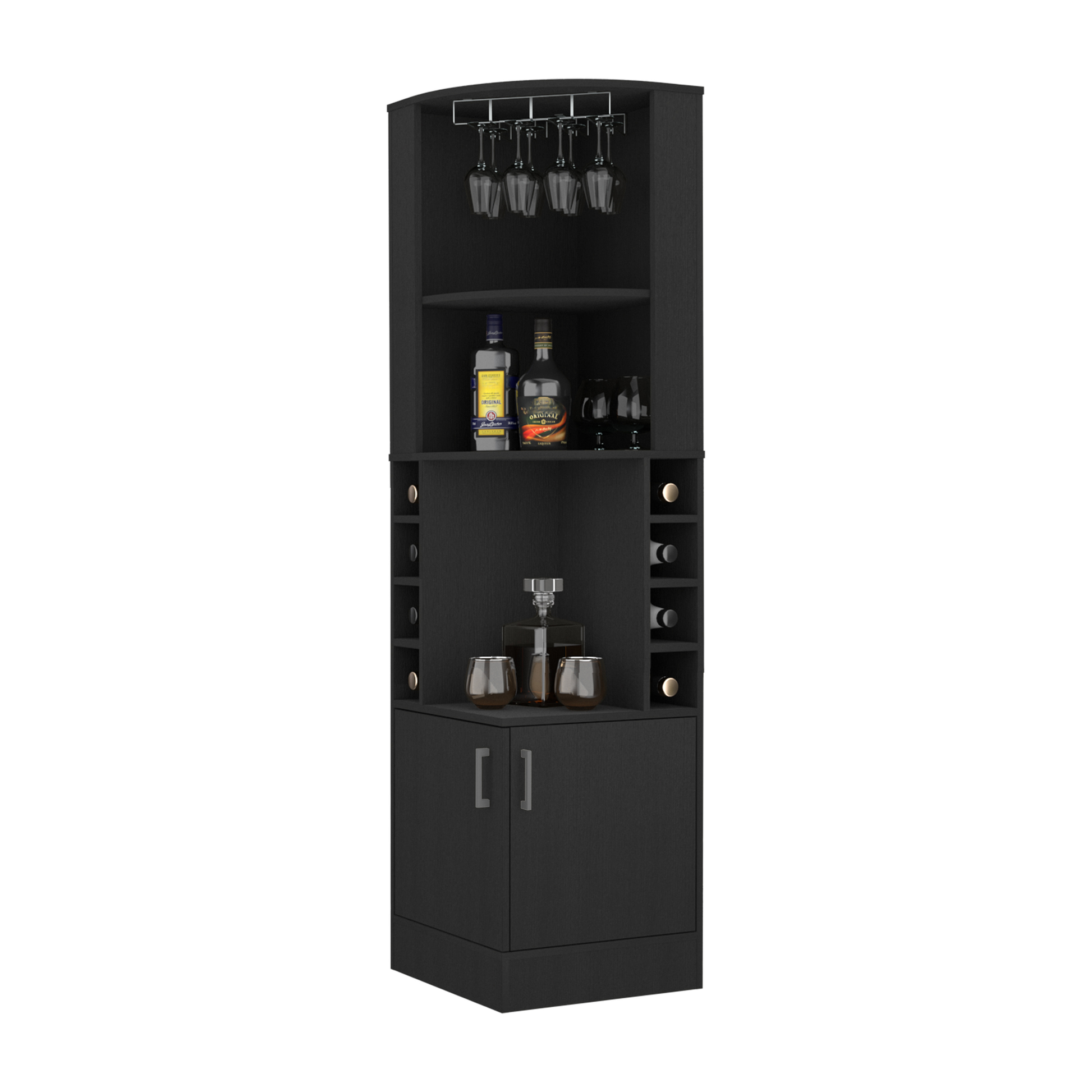 Black corner bar cabinet with wine rack and glass holders