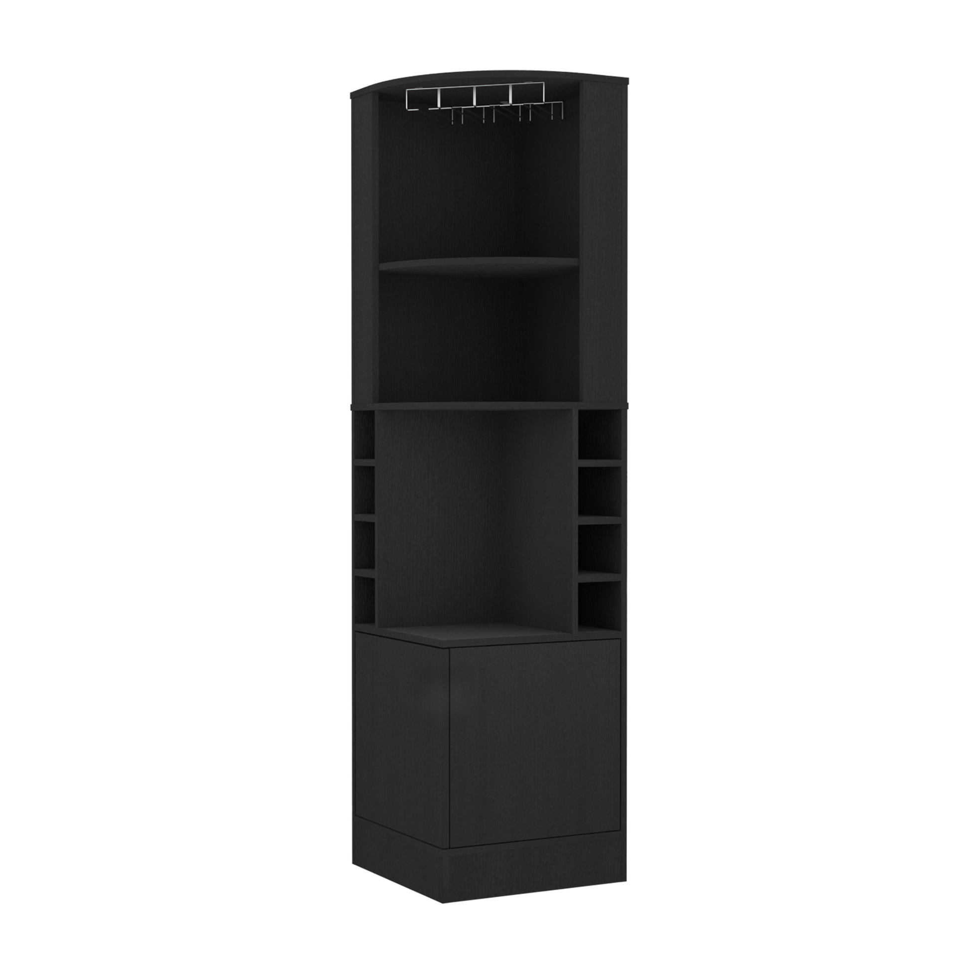 Tall black corner cabinet with wine glass rack and shelving