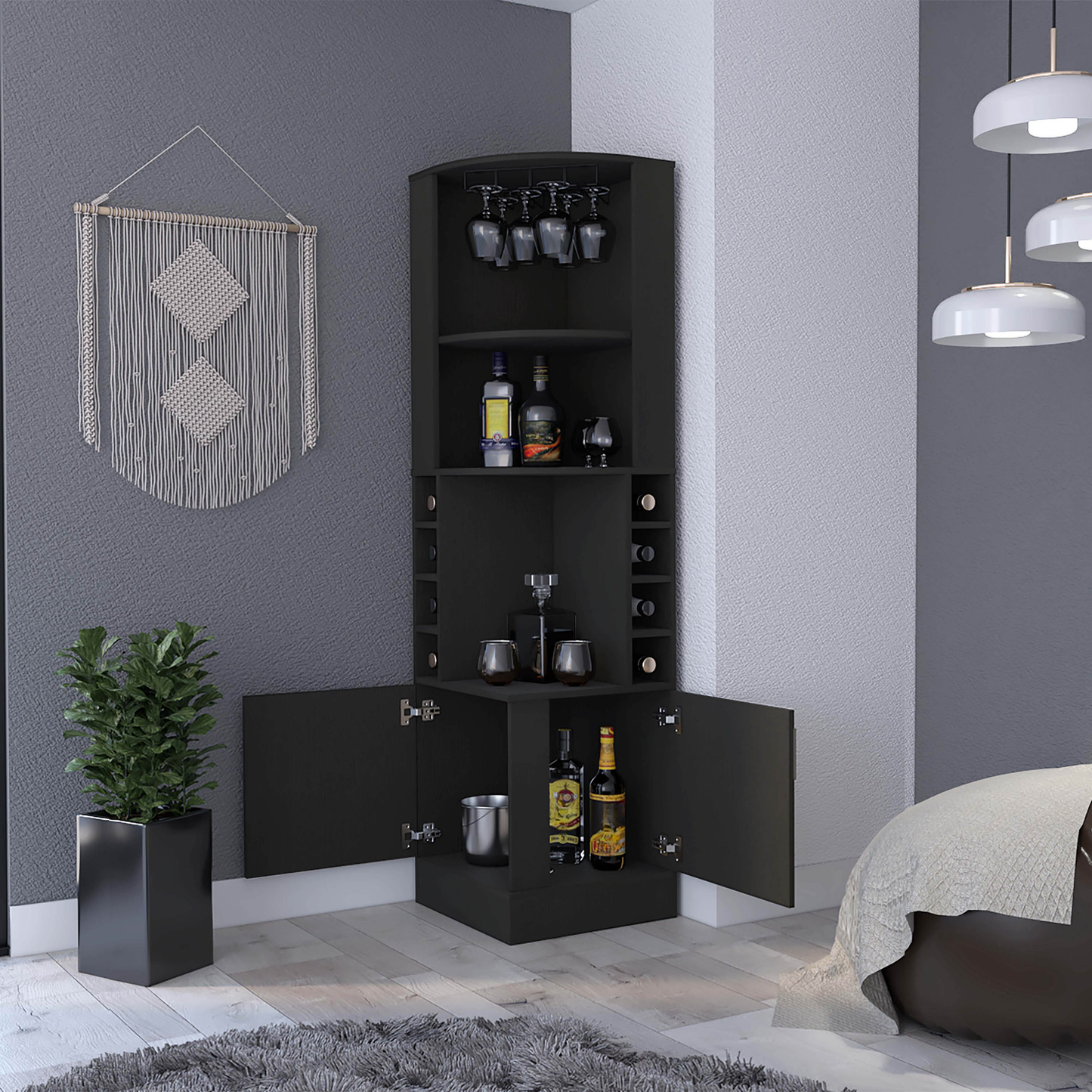 Black corner bar cabinet with wine rack and glass holder