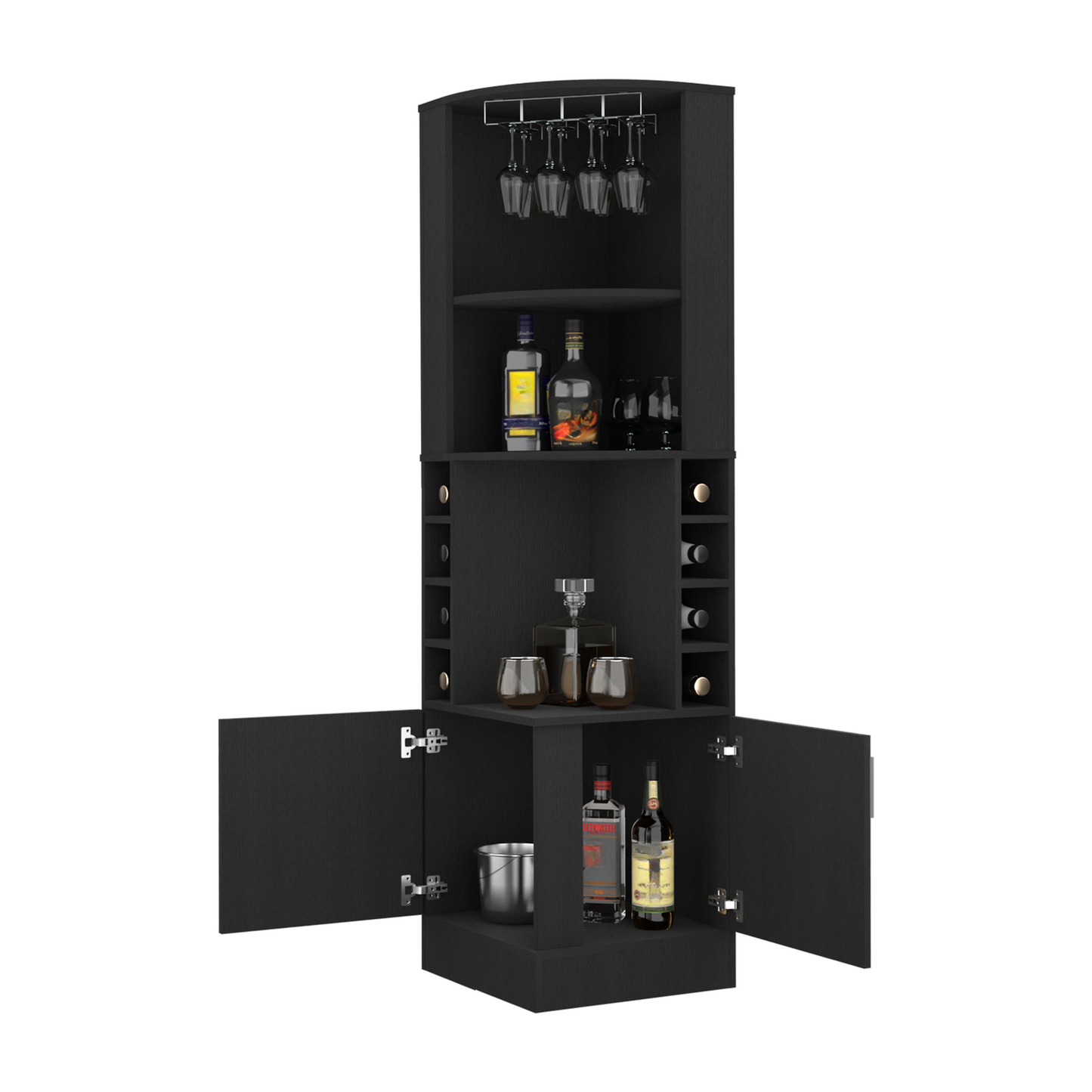 Black corner bar cabinet with glass rack and wine shelves