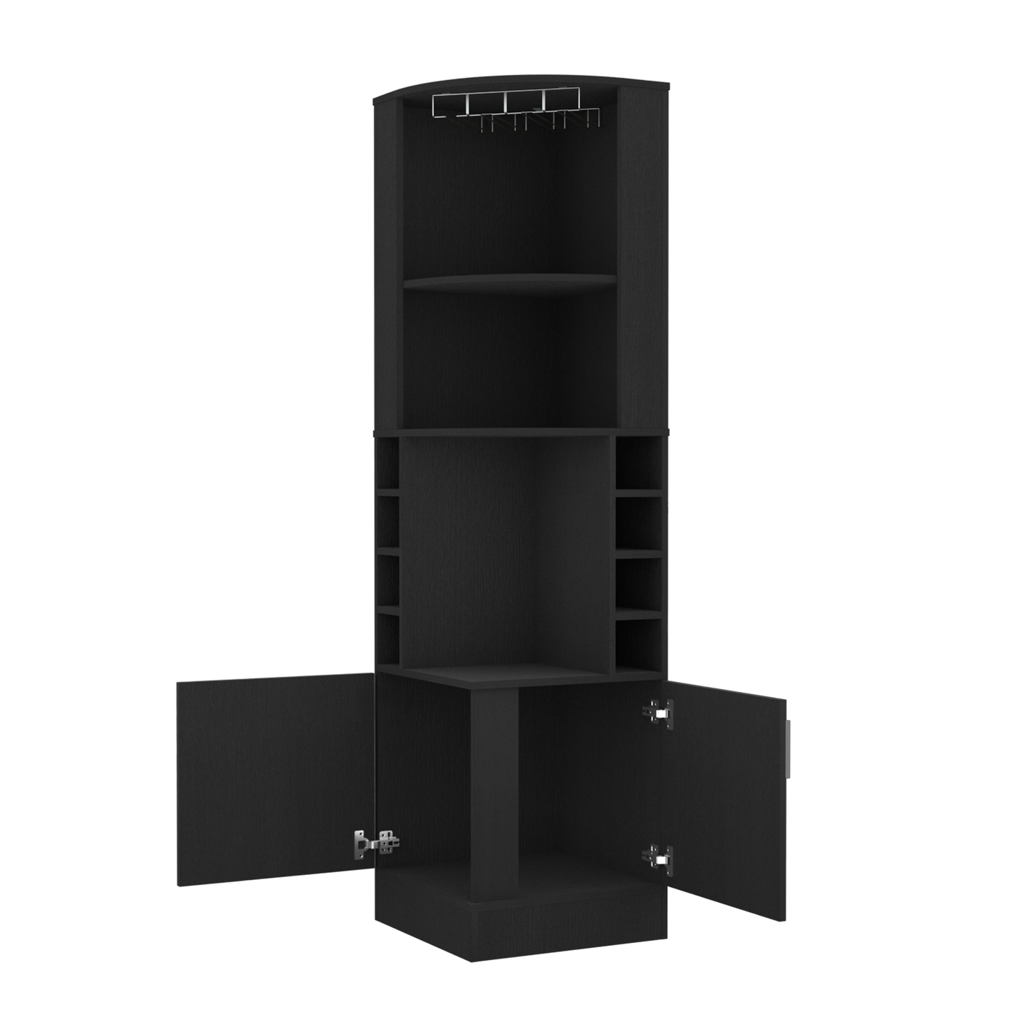 Black corner bar cabinet with wine glass rack and open doors