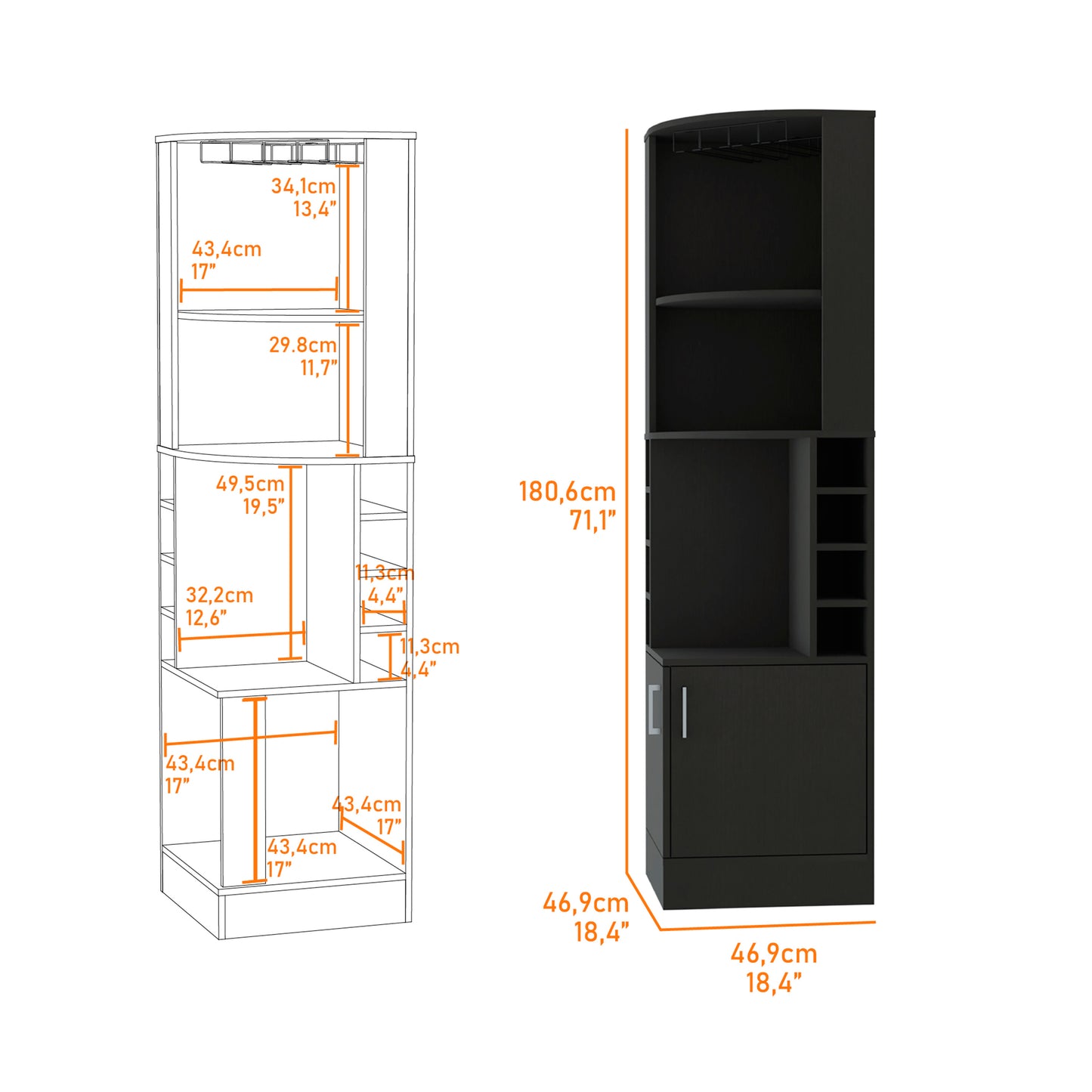 Black corner bar cabinet with wine glass rack and shelves