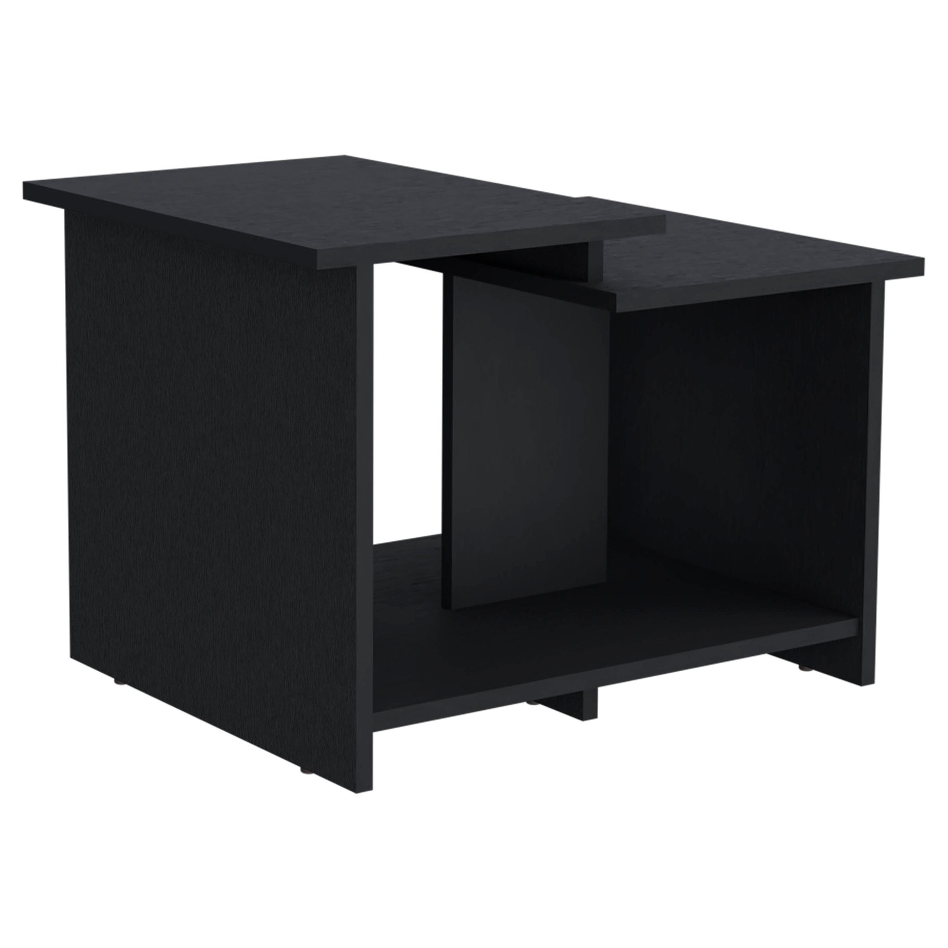 Minimalist black wood side table with open shelf