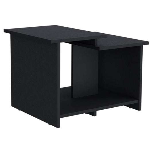 Minimalist black wood side table with open shelf