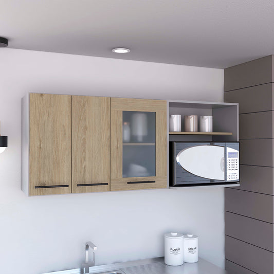 Contemporary oak veneer kitchen cabinets with glass door