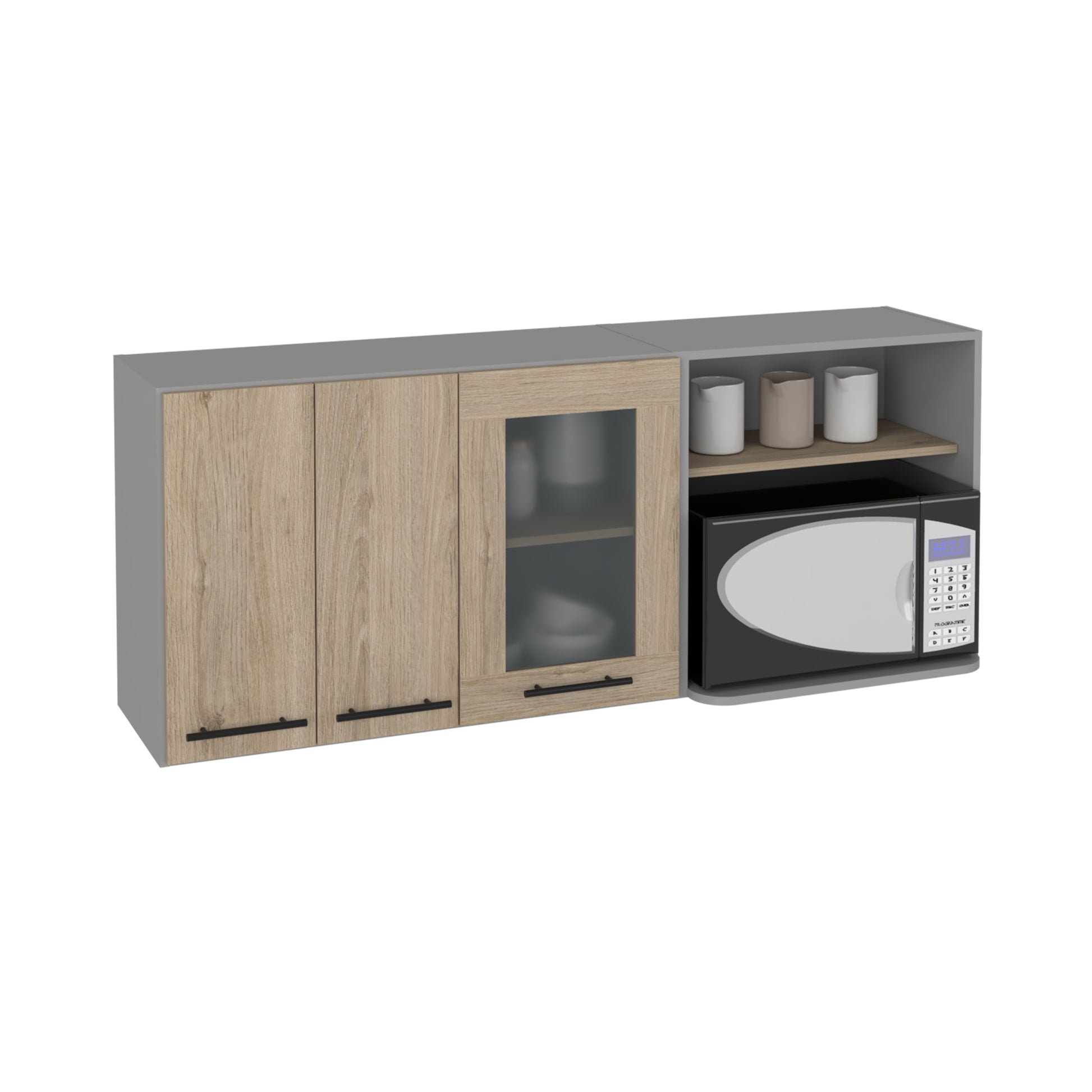 Wood grain cabinet with glass door and microwave niche