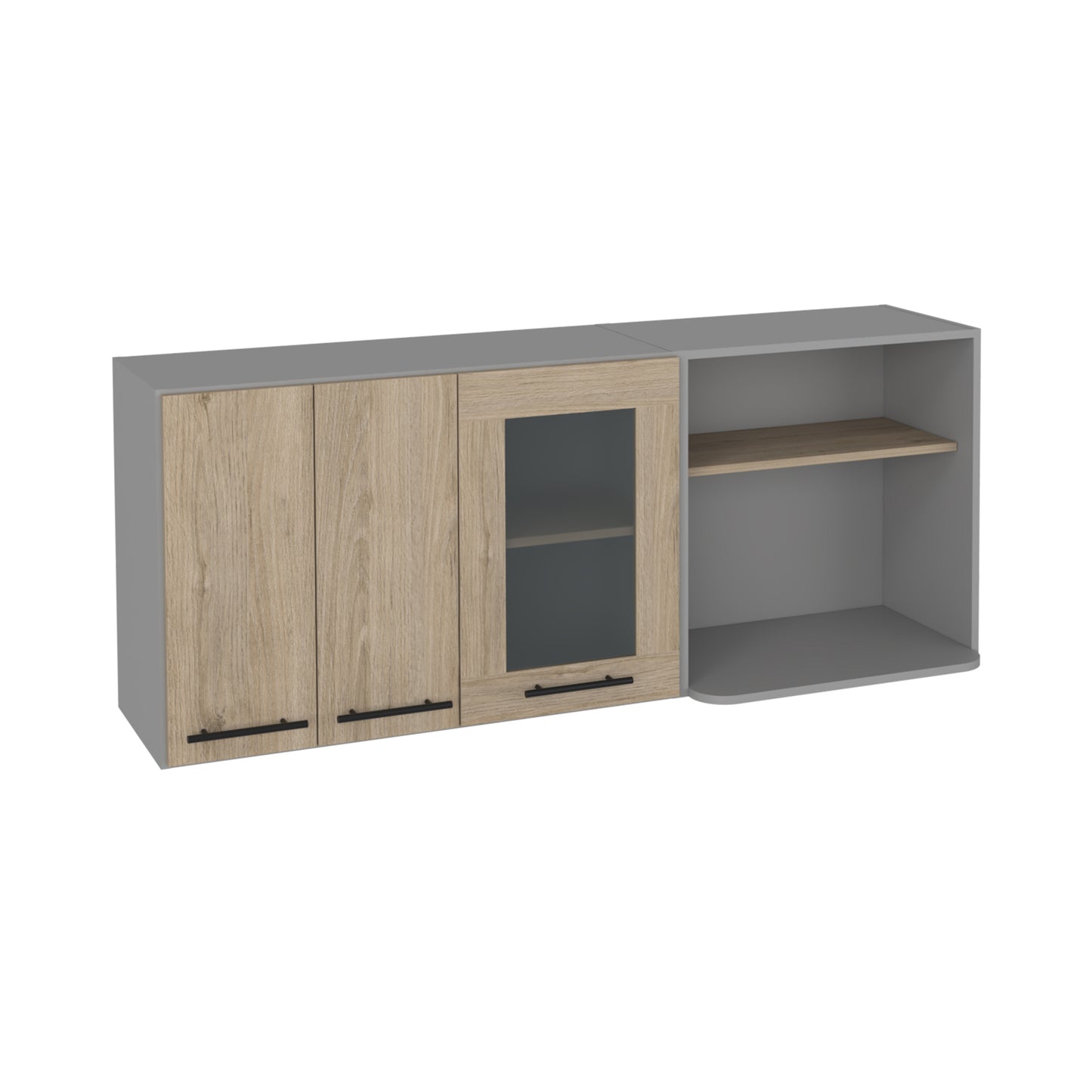 Gray and wood grain wall cabinet with glass door